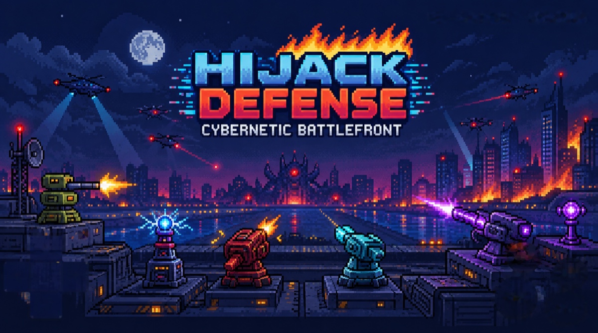 Hijack Defense: 불타는 미래 도시를 배경으로 드론을 향해 불을 뿜는 포탑들